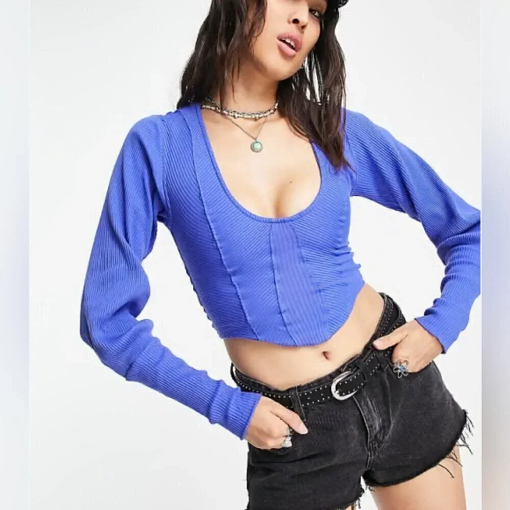 NWT Free People “Petra” long sleeve cotton seam detail blue stretch crop top S
